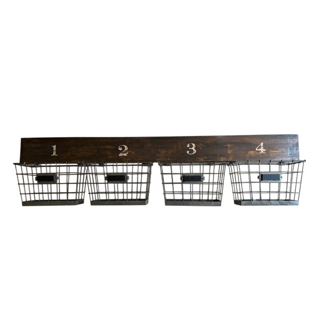 Pottery Barn Rustic Industrial 4-Basket Wall Organizer With Numbered Wood Backboard For Sale