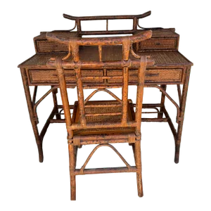 1980s British Colonial Tortoise Shell Faux Bamboo Campaign Style Writing Desk and Pagoda Style Cane