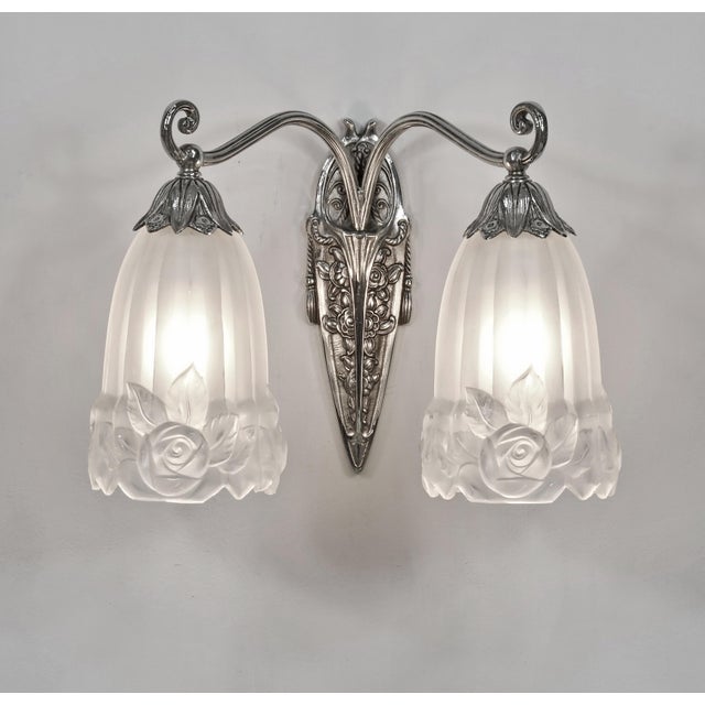 Pair of Gilles 1930s French Art Deco Tulip Glass Double Wall Sconces For Sale - Image 6 of 11