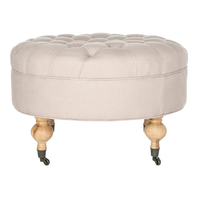 Tufted Round Ottoman in Taupe & Pickled Oak For Sale