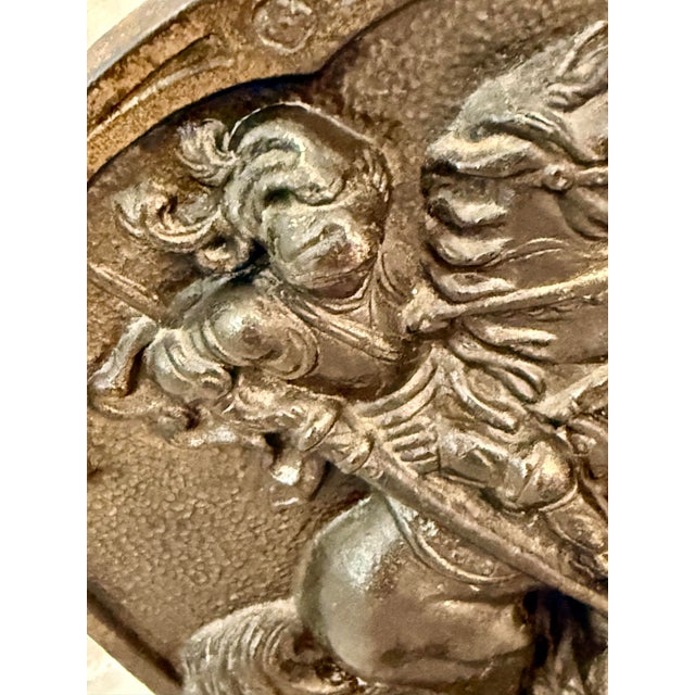 Gothic Antique 1925 Hubley #312 Cast Iron, Bronze-Clad Bookend in Bas-Relief Depicting the Legend of Saint George Slaying the Dragon For Sale - Image 3 of 12