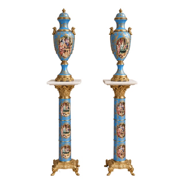 French-Style Blue & Peach Porcelain Vase Pedestal Set – Romantic Scenic Artwork With Ornate Gold Accents For Sale