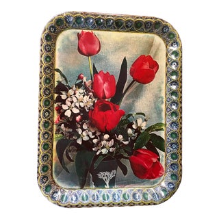 Vintage Red Roses Toleware Signed Serving Tray For Sale