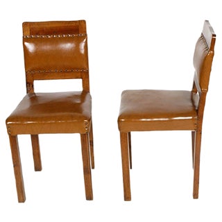 Set of Art Deco Walnut & Leather Side Chairs, 1920s For Sale