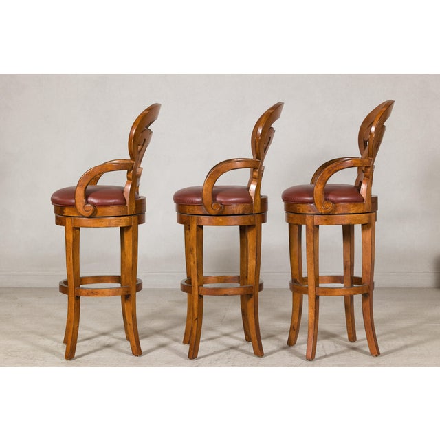 Swivel Bar Stools with Carved Backs and Faux Leather Seats – Set of 3 For Sale - Image 11 of 12