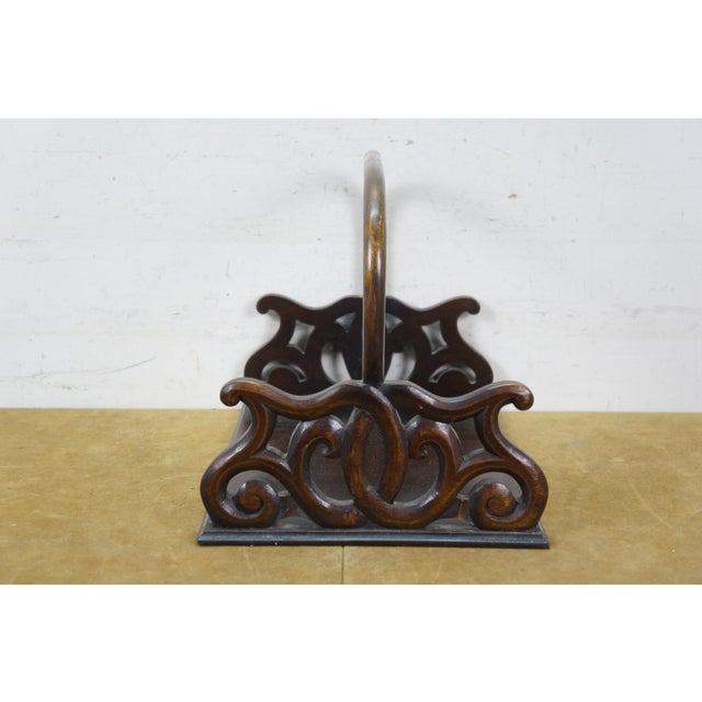 Mahogany Pierced Scrolled Magazine Holder Book Tray W Bentwood Handle 15" For Sale - Image 6 of 11