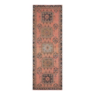1970s Vintage Turkish Hand-Knotted Wool Cotton Pink Runner Rug For Sale