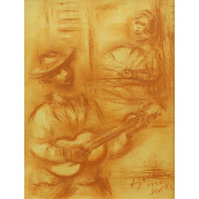 Sanguine red chalk drawing of a 1930's guitar serenade in Sevilla, Spain. Jacques Zucker was a prolific artist whose works...