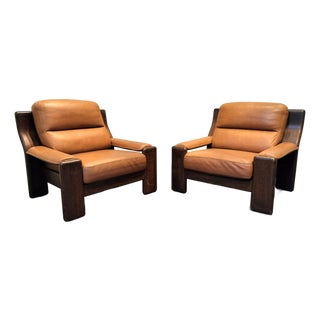 Heavy Circa 1970 Oak and Cognac Leather French Club Chairs For Sale