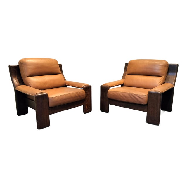 Heavy Circa 1970 Oak and Cognac Leather French Club Chairs For Sale