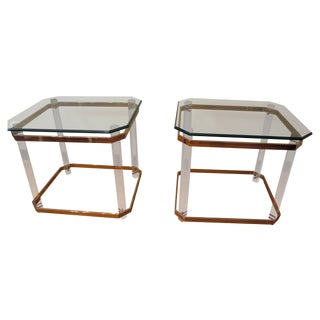 Charles Hollis Jones Lucite Brass and Glass Tables For Sale