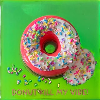 S Donut Kill My Vibe #3 by Ana Hefco | Mixed Media on Wood Colorful donut with sprinkles For Sale