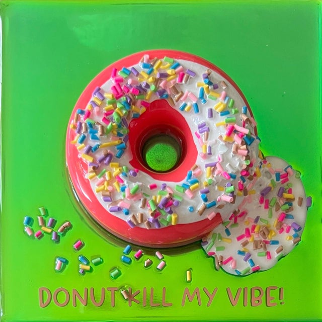 S Donut Kill My Vibe #3 by Ana Hefco | Mixed Media on Wood Colorful donut with sprinkles For Sale
