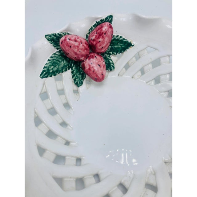 Charming strawberry decorative bowl, ceramic with ruffle and basket weave details.