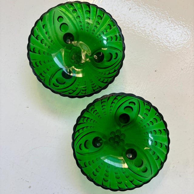 1940s Pair of Vintage Emerald Green Footed Bubble Glass Bowls Circa 1940s For Sale - Image 5 of 9