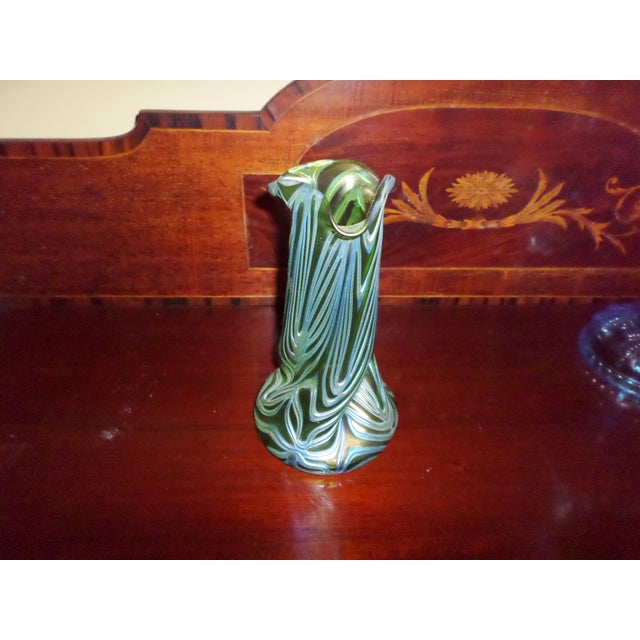 This is a Gorgeous! Antique Art Nouveau Lotze Green Art Glass Hand Blown Vase with a Threads of different glass and...