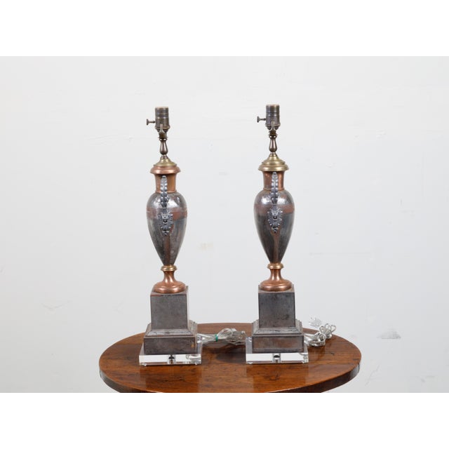 19th Century English Tôle Amphorae Shaped Table Lamps on Lucite Bases - a Pair For Sale - Image 12 of 12