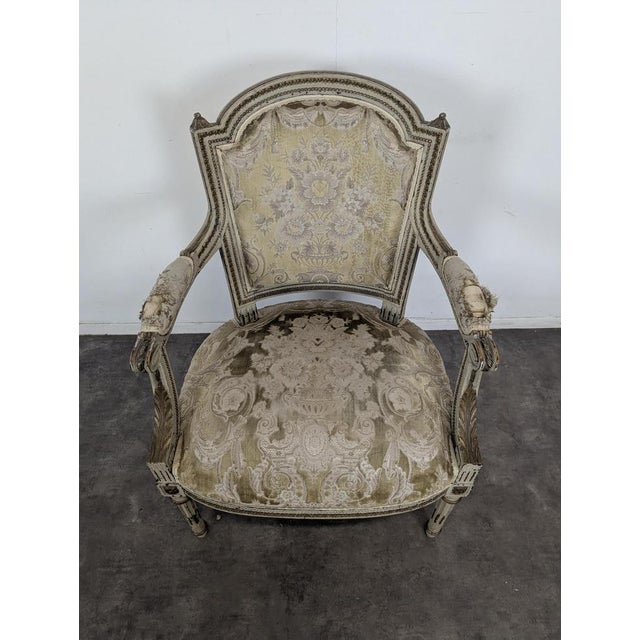 Louis XVI Style Cream Lacquered and Upholstered Cabriolet Salon Set with Gilded Highlights, Set of 6 For Sale - Image 10 of 18