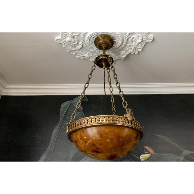 Stone French Art Deco Alabaster and Bronze Pendant Light, 1920s For Sale - Image 7 of 18