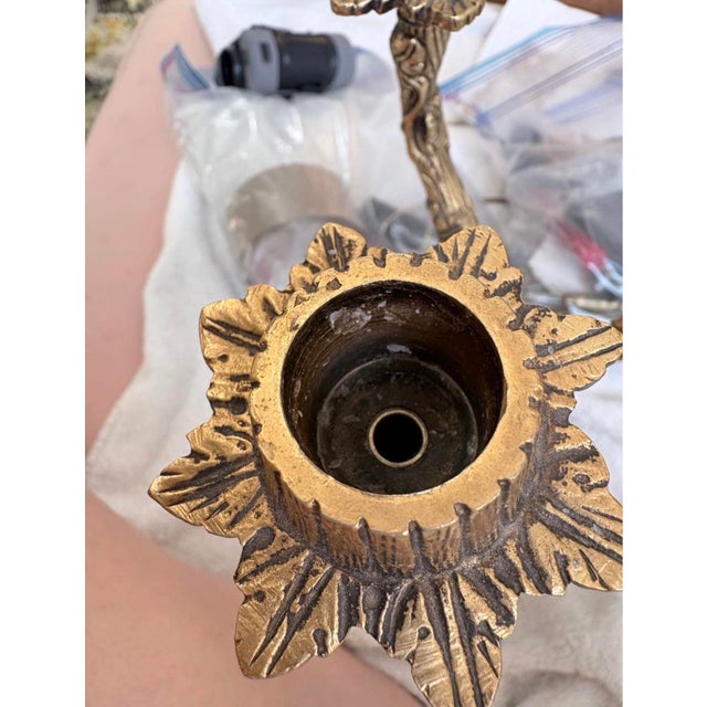 Onyx Pair of Vintage Ornate Brass 3-Arm Candelabra With Onyx Bases, 14” For Sale - Image 8 of 10