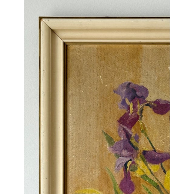 Early 20th Century Art Deco Still Life of Irises and Tulips With Bird, Oil on Board, Framed For Sale - Image 4 of 13