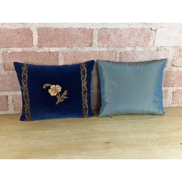 Pair of French Sapphire Velvet Pillows With 19th Century Gold Metallic Appliques For Sale - Image 9 of 11