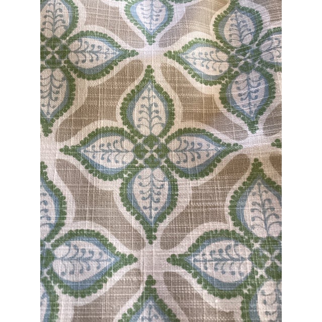 Green and blue ogee-style pattern on a beige background. Remnant measures 62x54