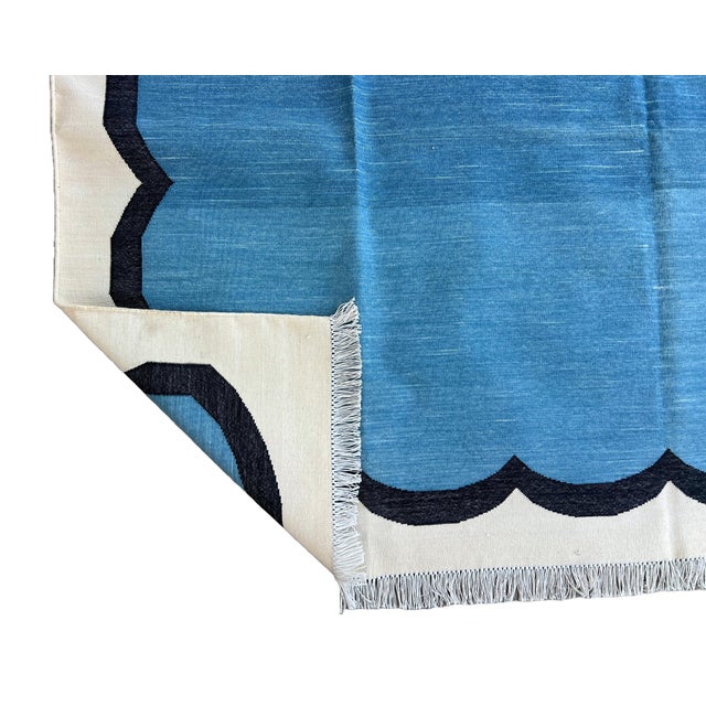 Textile Handmade Cotton Area Vegetable Dyed Rug, Teal Blue, Black and Cream Scalloped Dhurrie - 8'x10' For Sale - Image 7 of 7