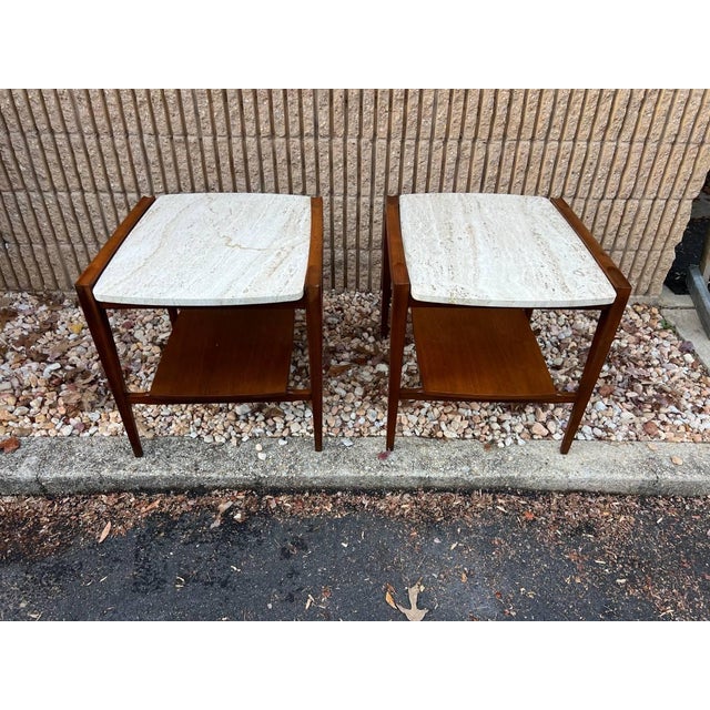 Mid-Century Modern Pair of Mid Century Italian Travertine and Walnut 2 Tier Side Tables For Sale - Image 3 of 12