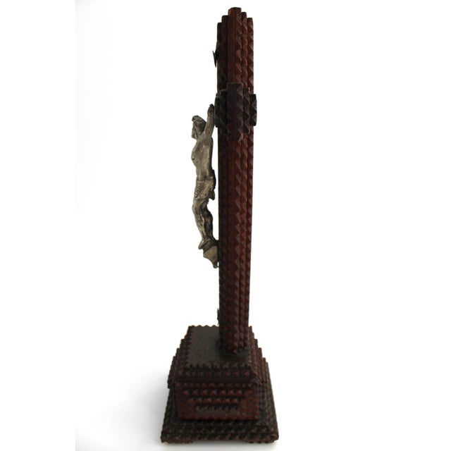Rare Antique French Tramp Art Standing Crucifix, Hand Carved Folk Art For Sale - Image 9 of 15