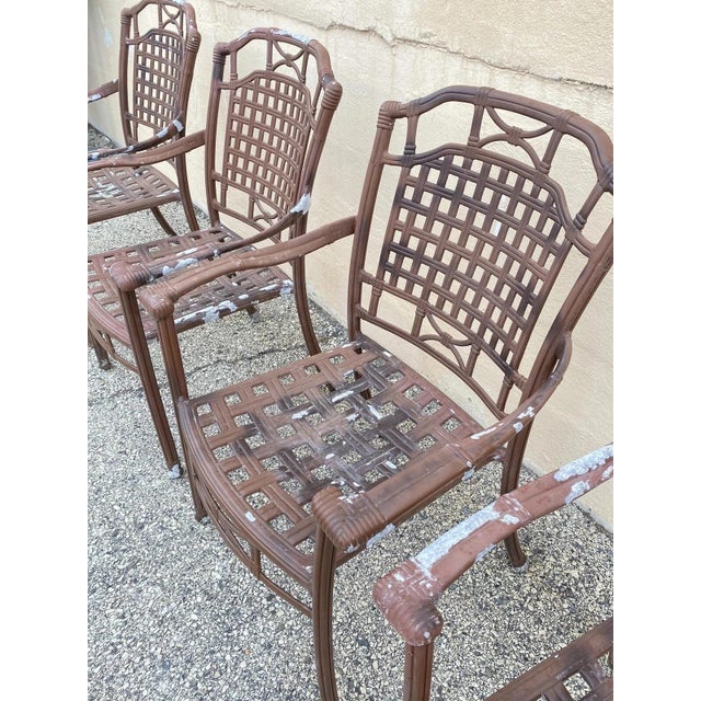 Metal Late 20th Century Cast Aluminum Basket Weave Lattice Rattan Patio Outdoor Arm Chairs - Set of 4 For Sale - Image 7 of 10