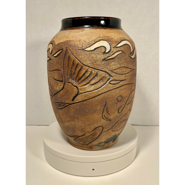 2001 Vintage Native American Studio Art Pottery Salmon Ceramic Vase Signed 9" For Sale - Image 4 of 8
