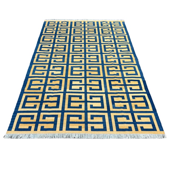 Not Yet Made - Made To Order Handmade Cotton Natural Vegetable Dyed Royal Blue and Yellow Geometric Pattern Rug - 8'x10' For Sale - Image 9 of 11
