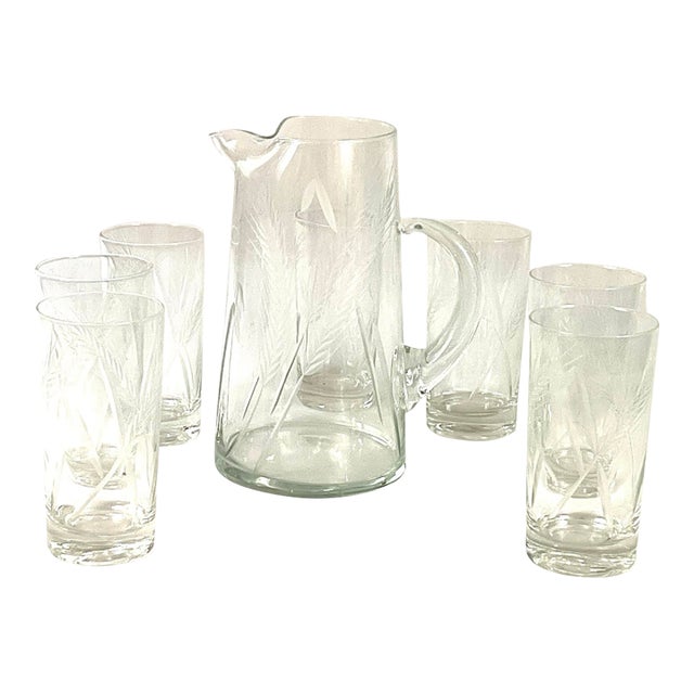 Mid 20th Century Art Deco Hand Cut and Slightly Frosted Pitcher and Seven Tall Drinking Glasses - 8 pcs For Sale