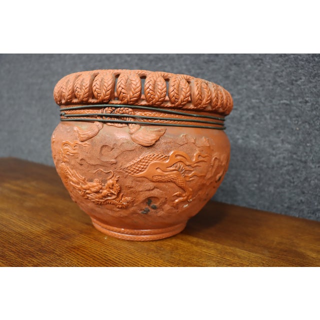 Japanese Tokoname Ware Dragon Motif Terracotta Jardinère For Sale - Image 4 of 11