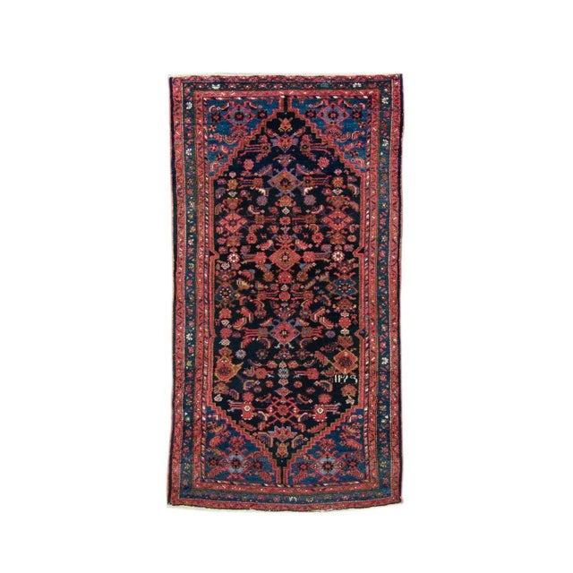 1940s Vintage Floral Geometric Ink Blue Scarlet Red Hand Knotted Wool Low Pile Accent Rug - 3’4” X 6’4” For Sale - Image 11 of 11