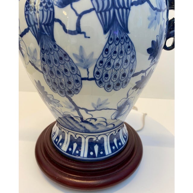 Blue Pair of Blue and White Chinoiserie Porcelain Urn Table Lamps With Peacock Motif For Sale - Image 8 of 10