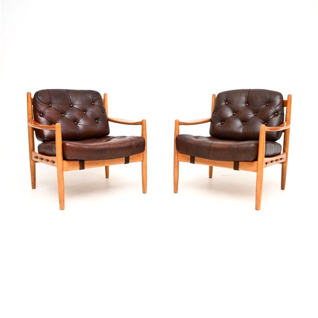 Vintage Swedish Leather and Birch Lounge Chairs attributed to Ingemar Thillmark for Ope, 1960s, Set of 2 For Sale - Image 11 of 11