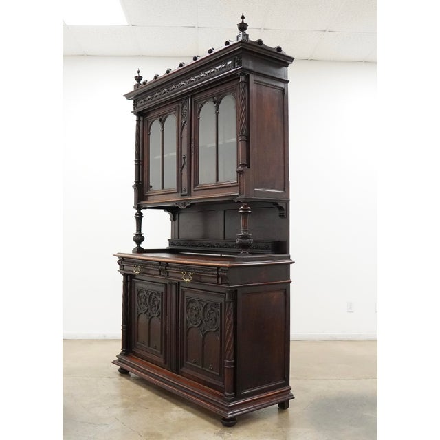 Vintage Gothic Revival Style Walnut Hutch Cabinet For Sale - Image 4 of 17