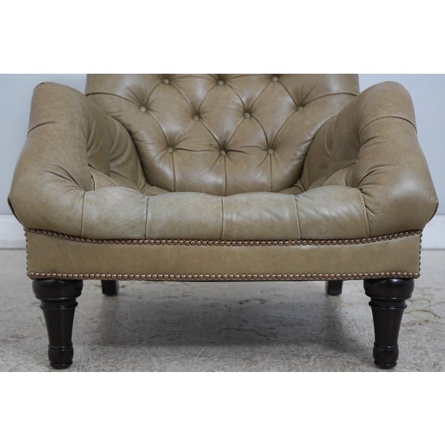 Green Tufted Leather Lounge Chair W. Ottoman For Sale - Image 9 of 18