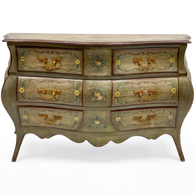 Rococo Mid-Century French Hand Painted Floral Bombe Chest or Commode For Sale - Image 3 of 7