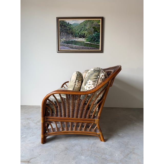 Wood Vintage Coastal Organic Bohemian Rattan & Leather-Wrapped Loveseat For Sale - Image 7 of 12