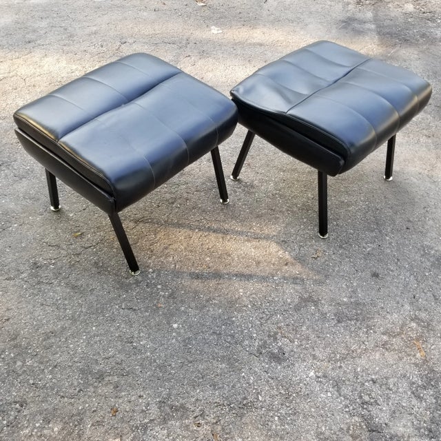 Pair Of French 1950s Ottoman, original Vintage Condition. Black faux leather, Brass feet.