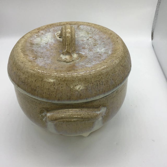 Signed Stoneware Lidded Crock Cookware Vintage Rustic Ceramic Pottery Lidded Fired Dish 1974 Signed For Sale In Houston - Image 6 of 12