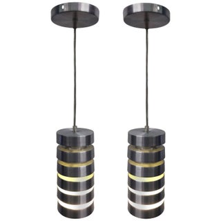Sleek Ribbed Brushed Steel Pendants - A Pair For Sale