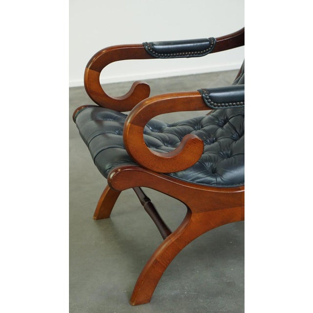 Dark Blue Chesterfield Armchair in Leather and Combined with Wood For Sale - Image 9 of 14