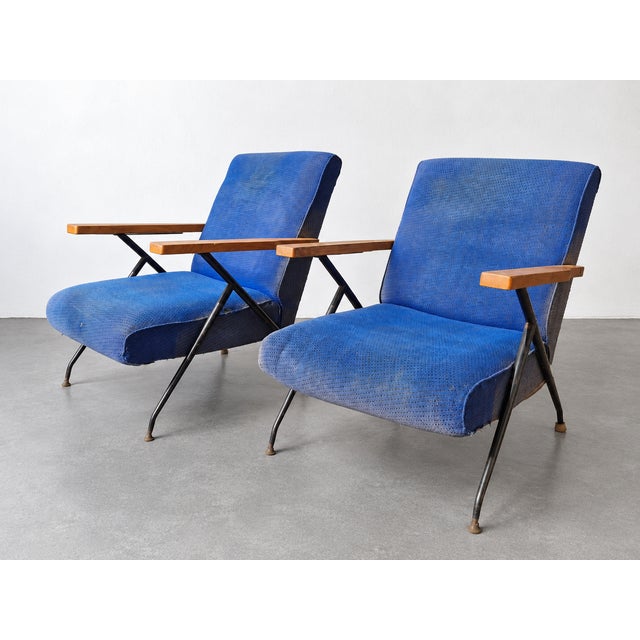 Mid-Century Modern Blue Fabric Armchairs. 1950s, Set of 2 For Sale - Image 4 of 7
