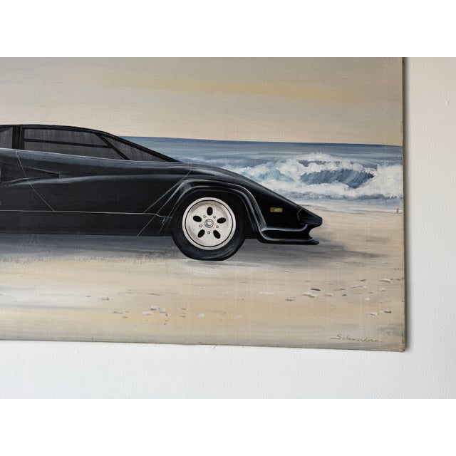 1980s Schamerhorn Black Lamborghini Countach on Sandy Beach Oil on Canvas Painting – Signed, Unframed For Sale - Image 9 of 14