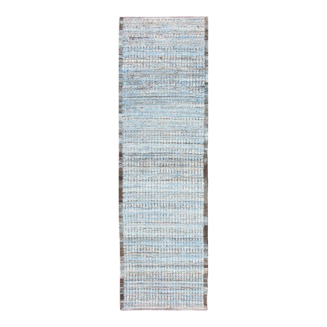 Modern Casual Runner With Hi-Low Design in Blue Pile With Brown 3'1 X 10'11 For Sale