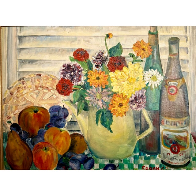 This colorful original painting by artist Cogan, is done in oils on canvas board. Featuring fruit, a bouquet of flowers in...
